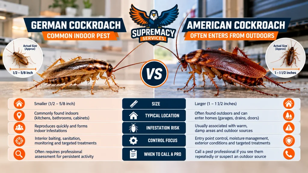 German cockroach and American cockroach comparison showing size, habitat and control differences