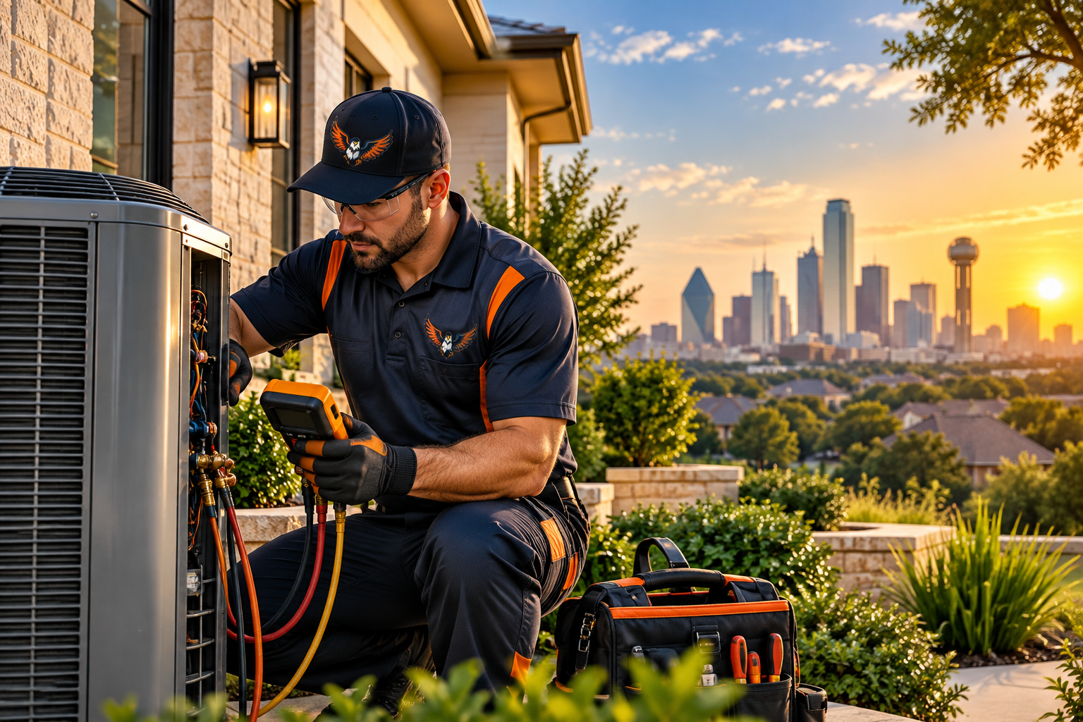 Supremacy Services technician performing a professional HVAC inspection in Dallas, TX