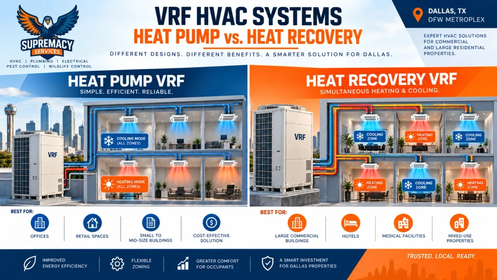 Heat pump VRF and heat recovery VRF comparison showing different heating and cooling zone configurations