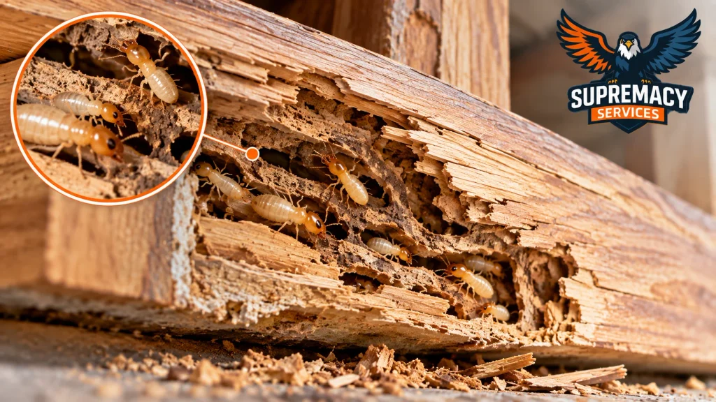 Close-up of termites and concealed galleries inside severely damaged structural wood.