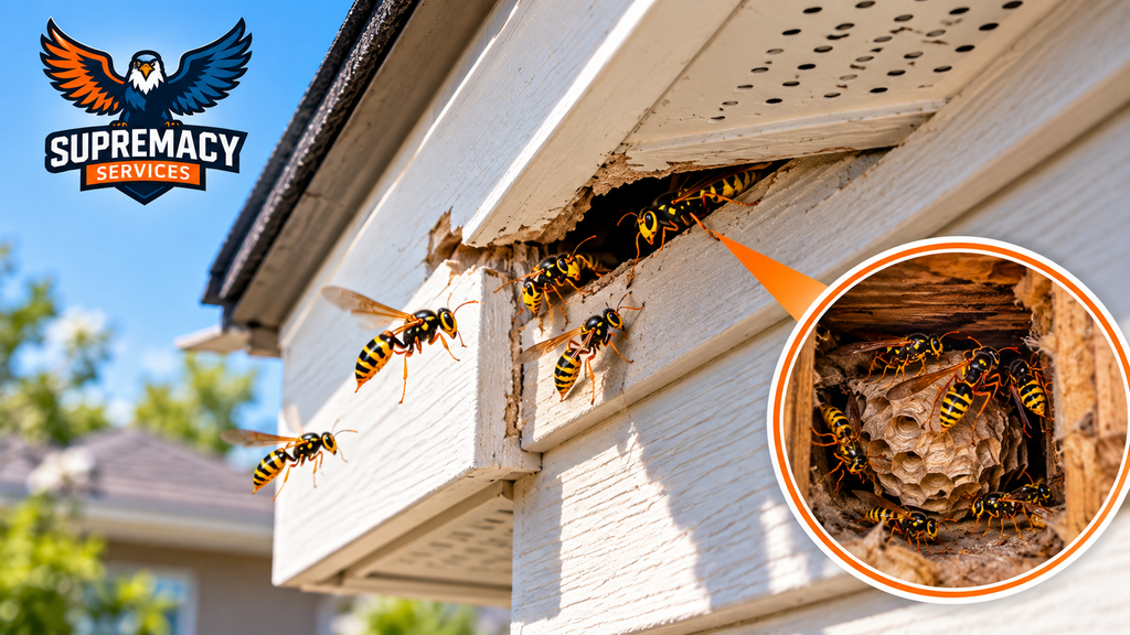 Wasps entering a damaged soffit opening with a concealed nest inside the roof cavity