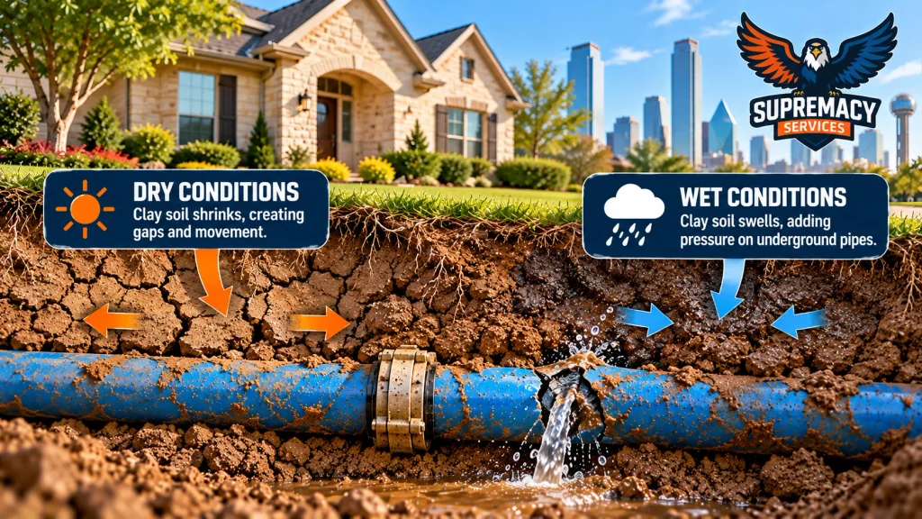 Illustration of underground water pipe movement during wet and dry clay soil conditions