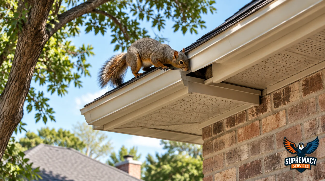 Squirrel approaching a roofline and attic entry point on a Dallas home