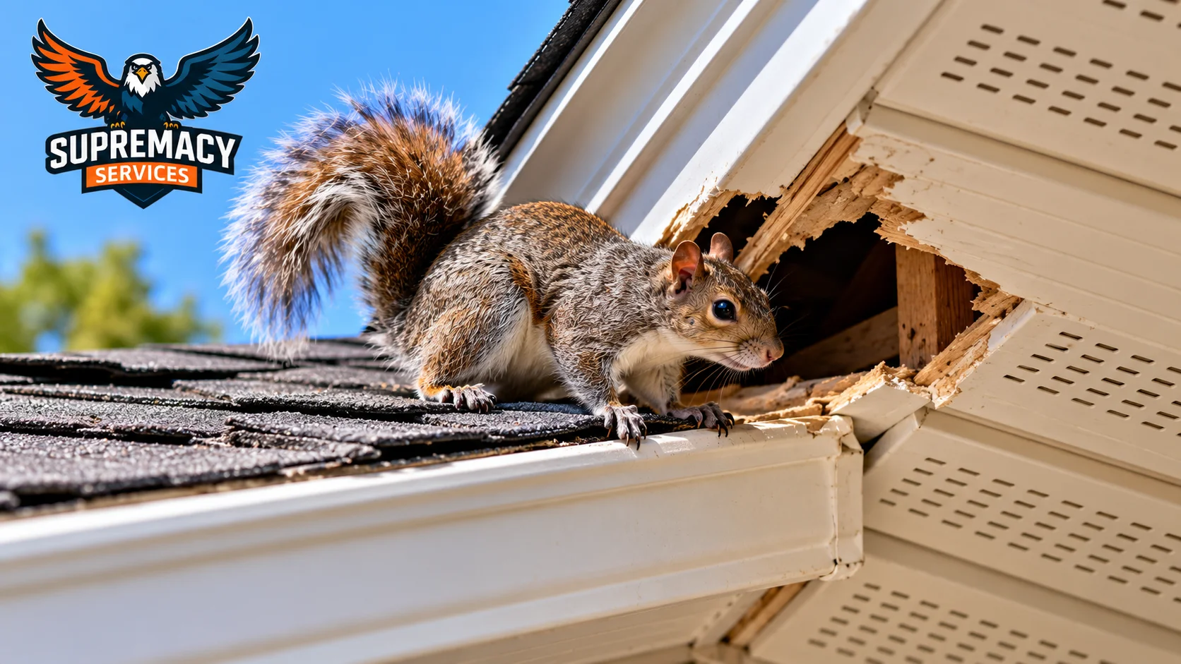 Squirrel beside a damaged soffit opening along a residential roofline