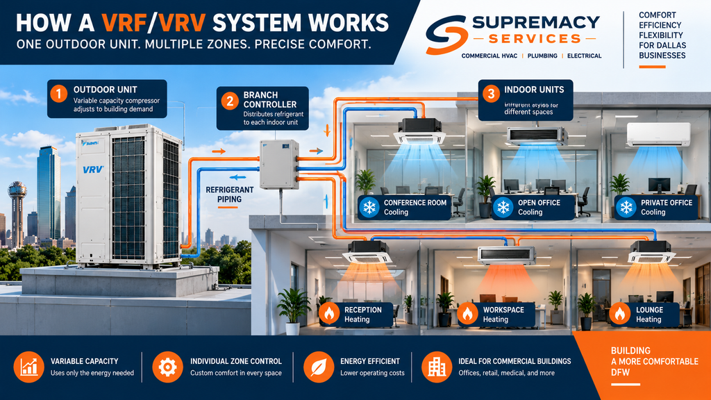 Commercial VRF HVAC system diagram showing outdoor unit, refrigerant piping and multiple indoor comfort zones