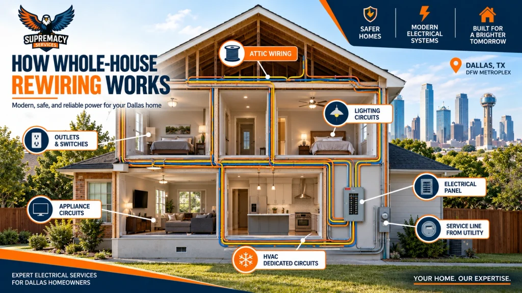 Cutaway Dallas home showing electrical wiring routes from the panel to lighting, outlets, appliances and HVAC circuits