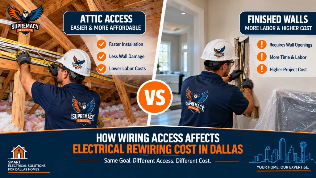 Electricians comparing accessible attic wiring with wiring concealed behind finished walls during a home rewire