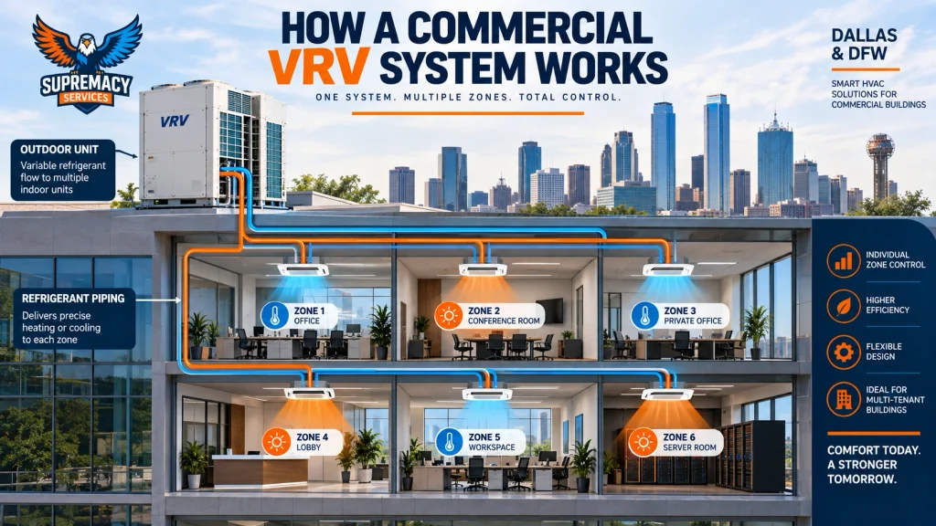 Commercial VRV HVAC system connecting one outdoor unit to multiple independently controlled office zones