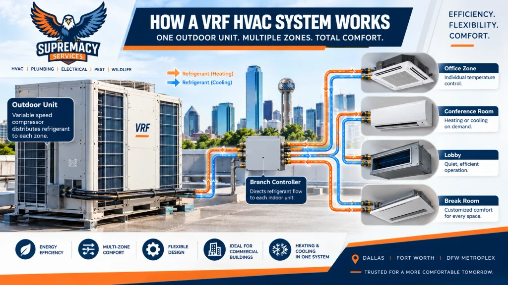 Diagram showing a VRF outdoor unit distributing refrigerant to multiple indoor HVAC zones