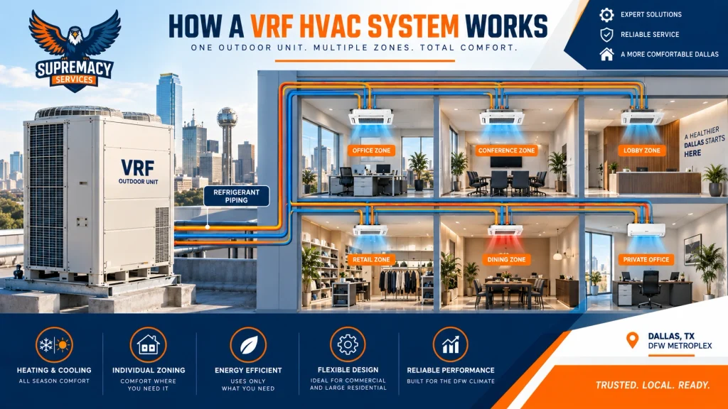 Diagram showing one VRF outdoor unit connected by refrigerant piping to multiple independently controlled indoor zones