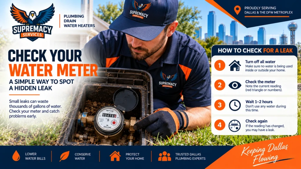 Technician checking a residential water meter for signs of a hidden plumbing leak in Dallas