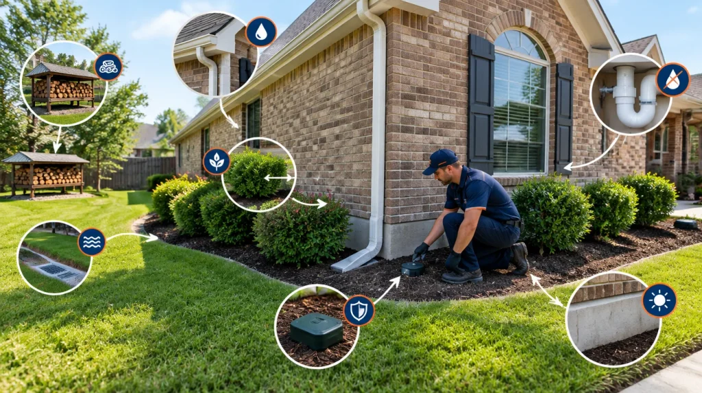 Termite prevention measures around a North Texas home including drainage, wood storage and monitoring