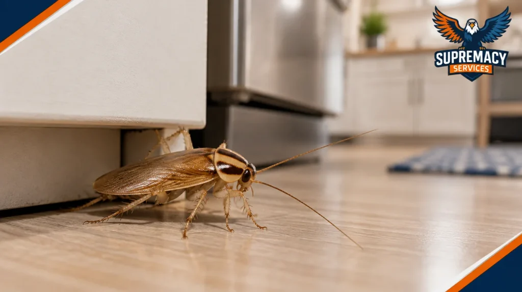 Close-up of German cockroach showing two dark parallel stripes behind its head
