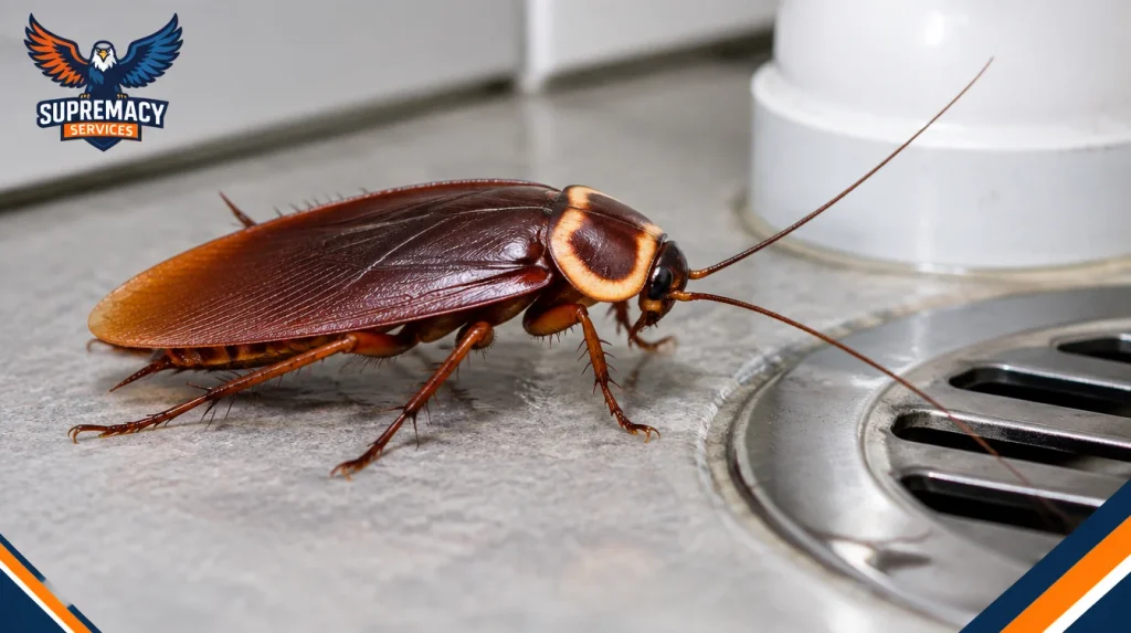 Large reddish-brown American cockroach with pale yellow marking behind its head