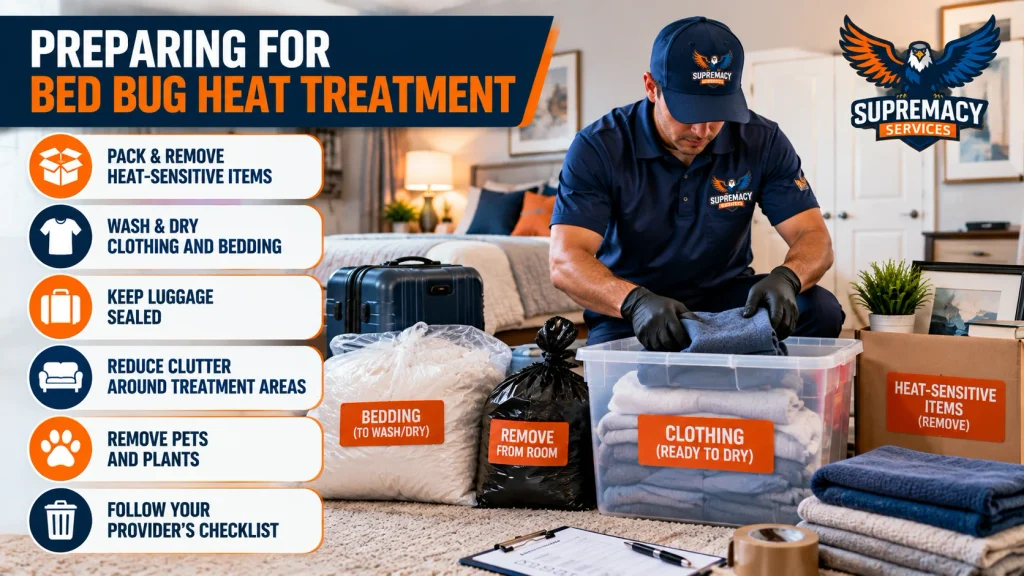 Bed bug heat treatment preparation showing sealed belongings, bedding, clothing and heat-sensitive items being organized before professional service. |