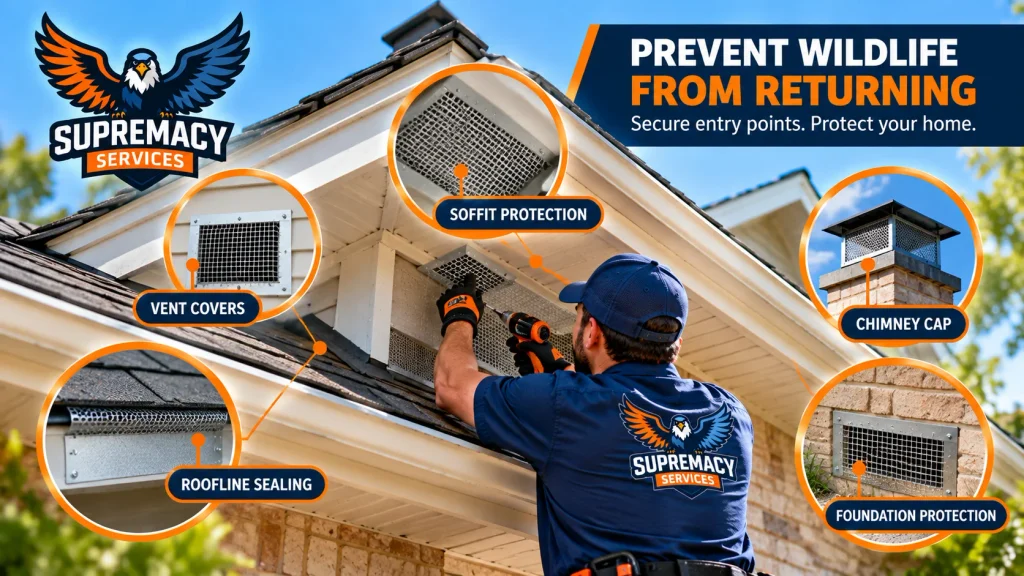 Wildlife exclusion technician securing roof vents, soffits, roofline openings, chimney and foundation access points on a home
