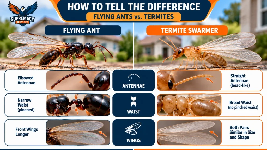 Diagram comparing flying ant and termite antennae, waist shape and wing length