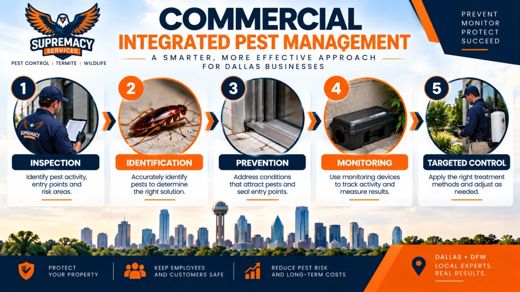 Five-step commercial integrated pest management process covering inspection, pest identification, prevention, monitoring and targeted control.