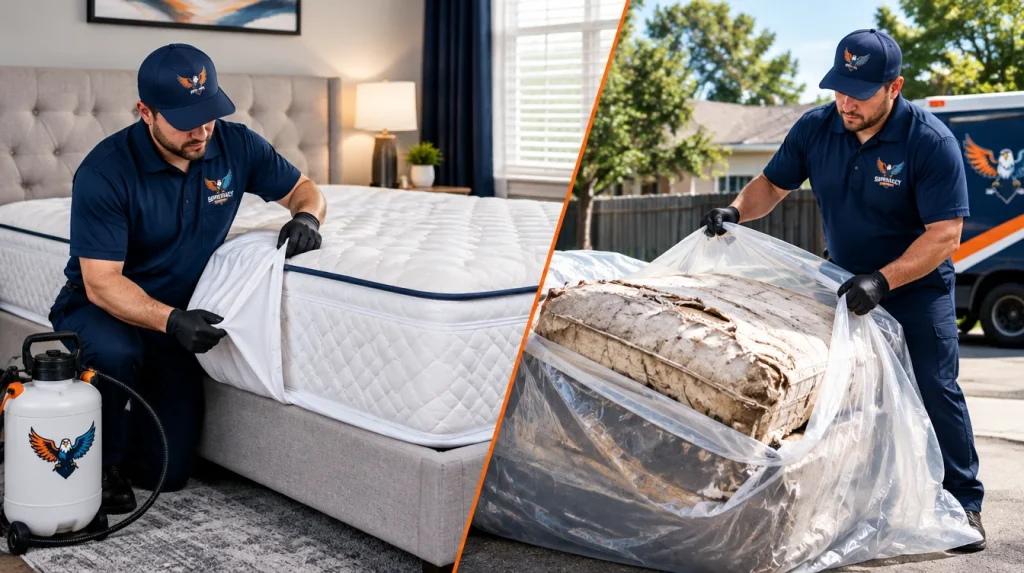 Close-up of mattress seams showing common signs of bed bug activity