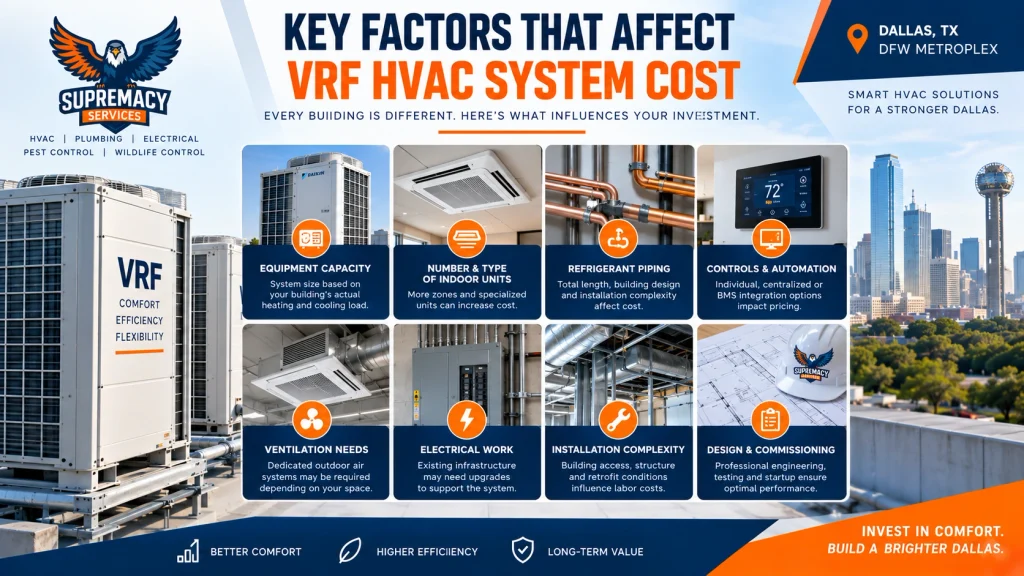 VRF installation cost factors including equipment capacity, indoor units, refrigerant piping, controls, electrical work and commissioning