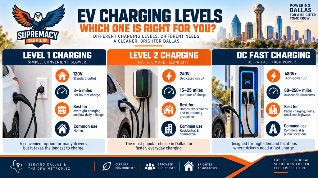 Comparison of Level 1, Level 2 and DC fast EV charging for homes and commercial properties