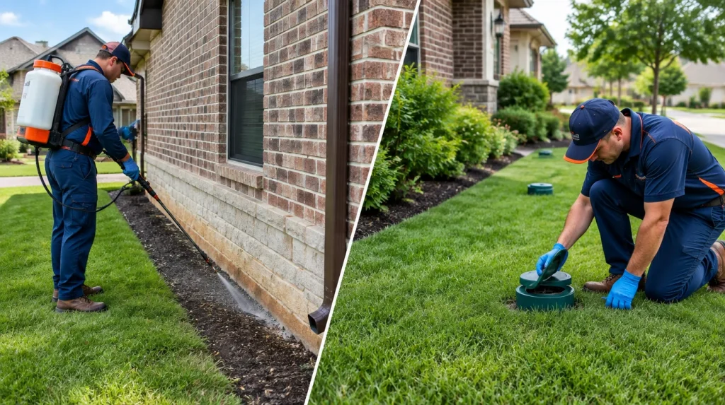 Liquid termite treatment and termite bait stations around a North Texas home
