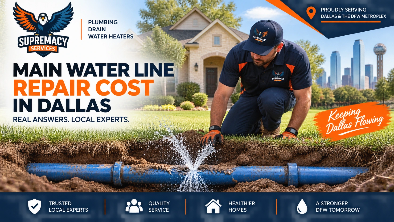 Main water line repair cost in Dallas illustrated with a leaking underground water line outside a Dallas home