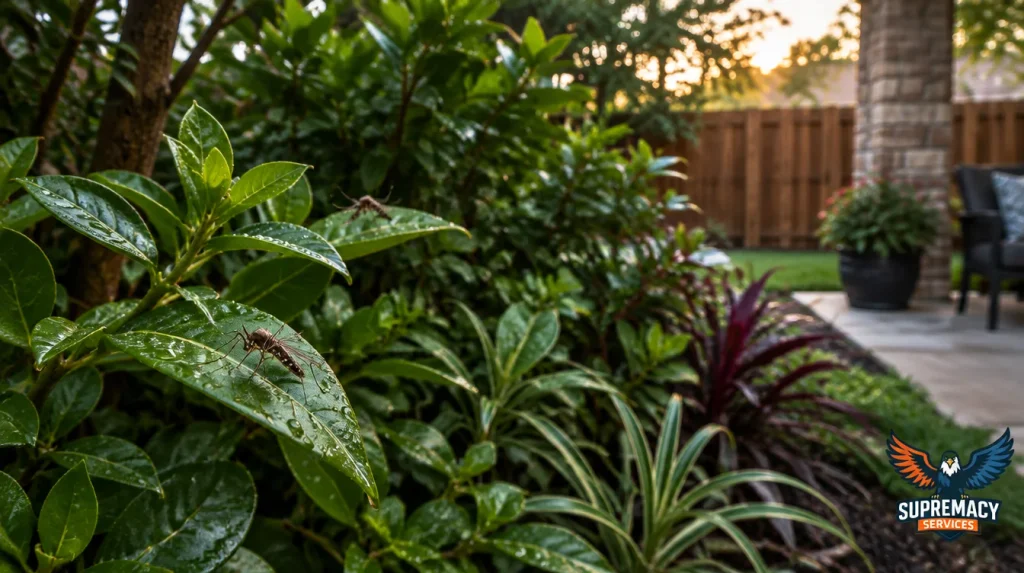 Mosquito resting on shaded vegetation beside a residential backyard patio