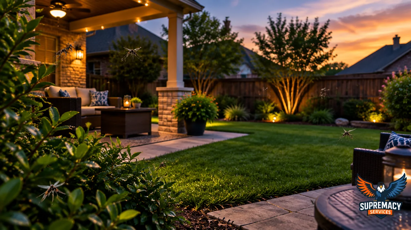 Mosquitoes flying around a landscaped North Texas backyard and patio at dusk