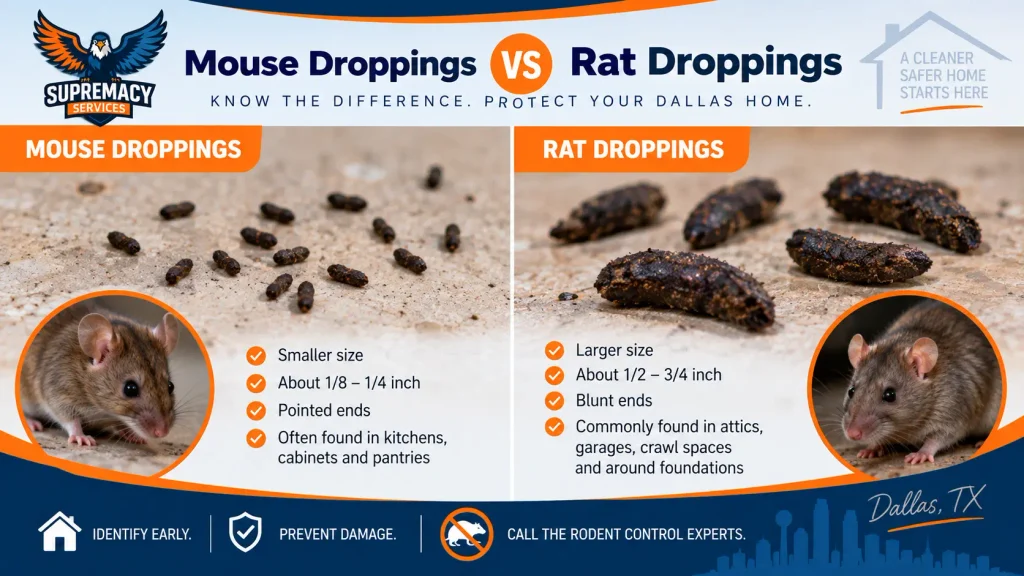 Mouse droppings vs rat droppings identification guide for Dallas homeowners