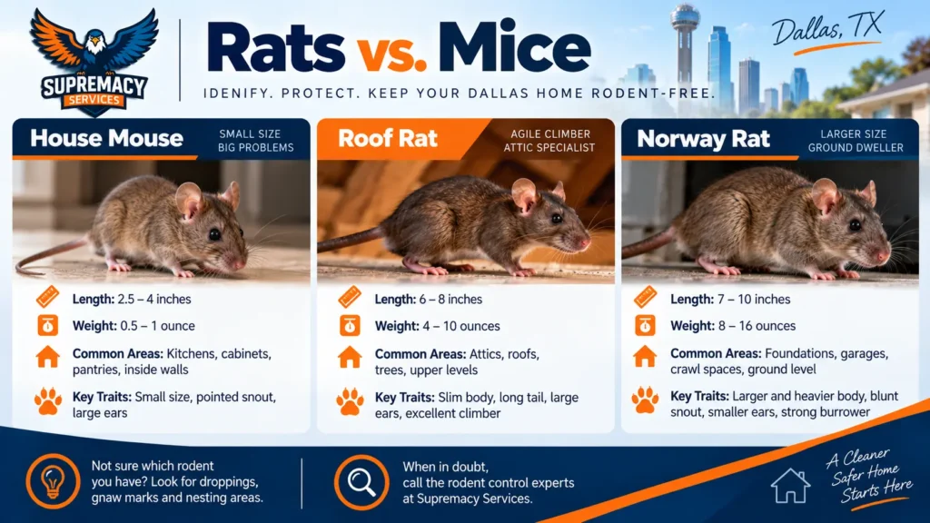 House mouse, roof rat and Norway rat identification guide for Dallas homes