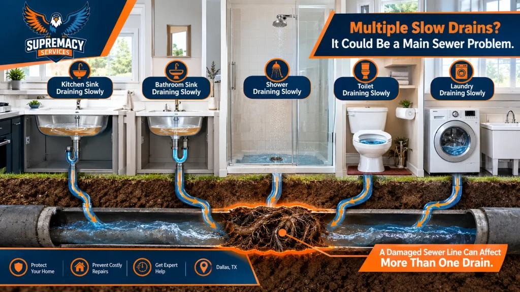 Multiple slow drains indicating a possible damaged sewer line in Dallas.