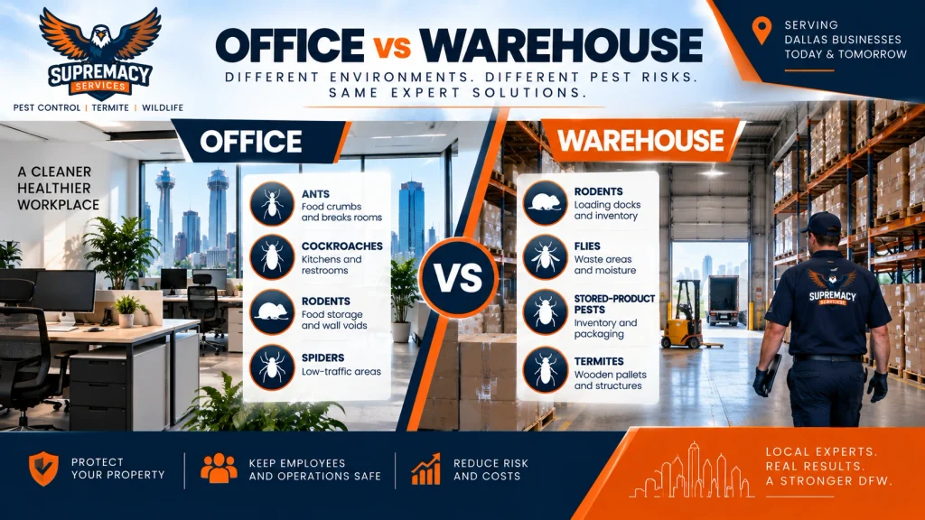 Infographic comparing pest risks in commercial offices and warehouses, including rodents, cockroaches, ants, flies and stored-product pests.