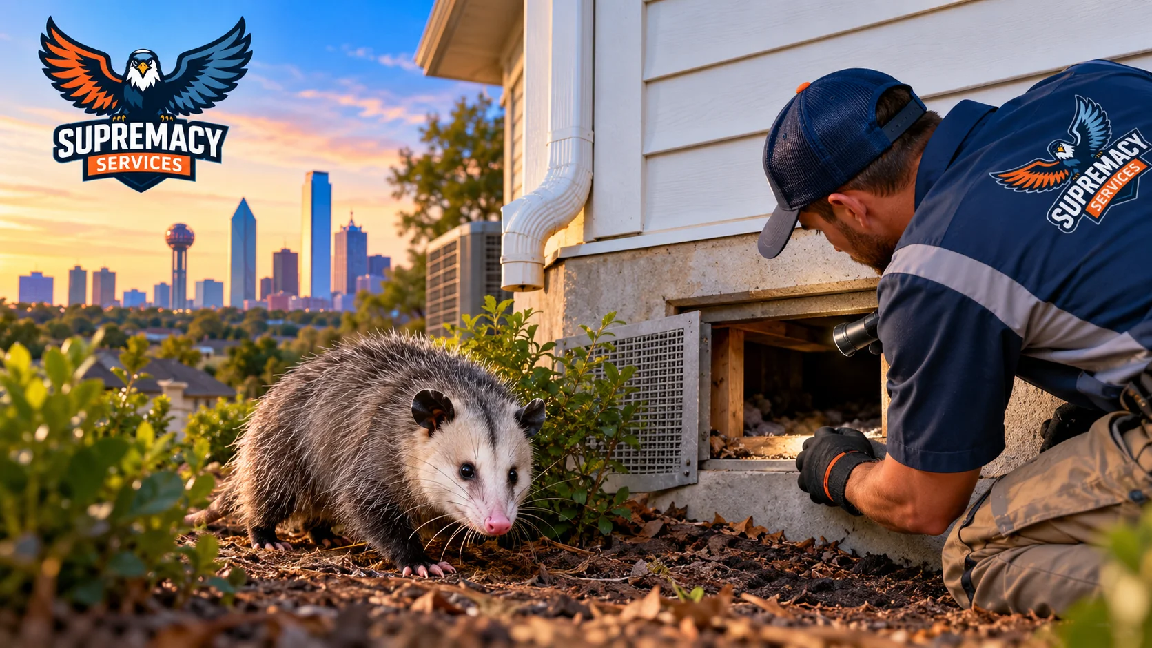 Supremacy Services wildlife technician inspecting a crawl-space entry point with an opossum outside a Dallas home
