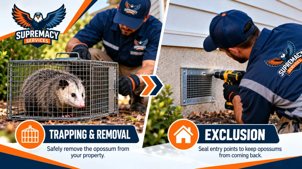 Wildlife technician removing an opossum with a live trap and sealing a home entry point with metal screening