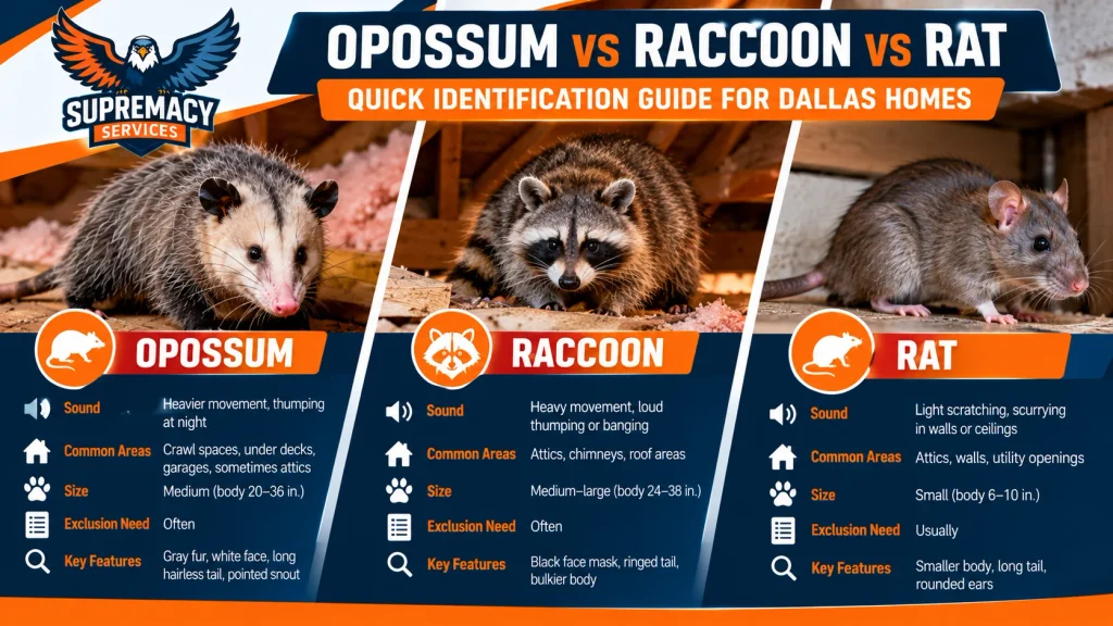 Visual comparison of an opossum, raccoon and rat with common sounds, locations and identification features for Dallas homeowners