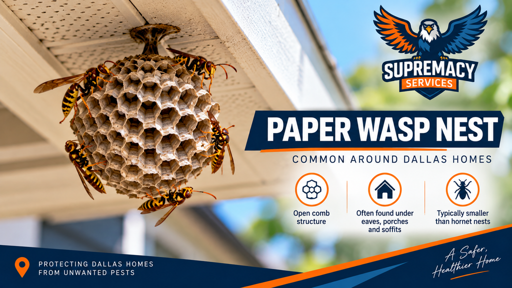 Paper wasps on an exposed hexagonal comb nest attached beneath the eave of a residential home.