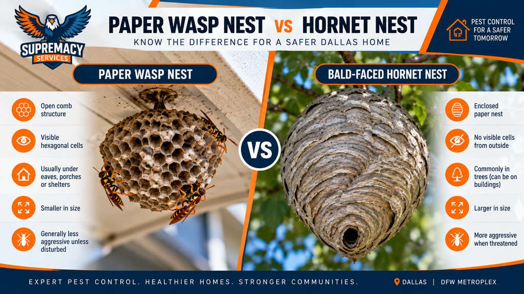 Side-by-side comparison showing the differences between an open paper wasp nest and enclosed bald-faced hornet nest.