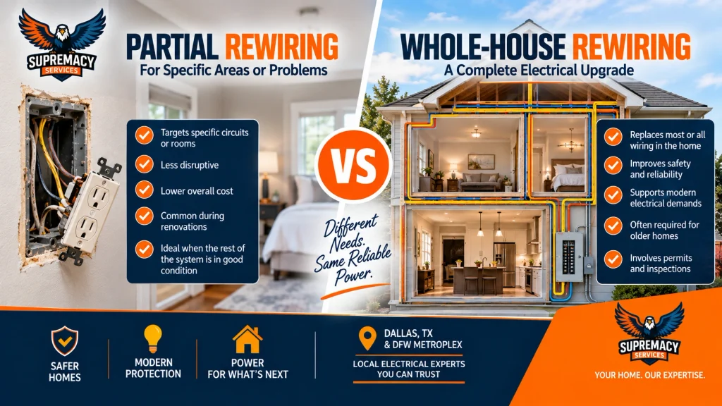 Comparison of partial electrical rewiring for individual circuits and whole-house rewiring throughout a Dallas home