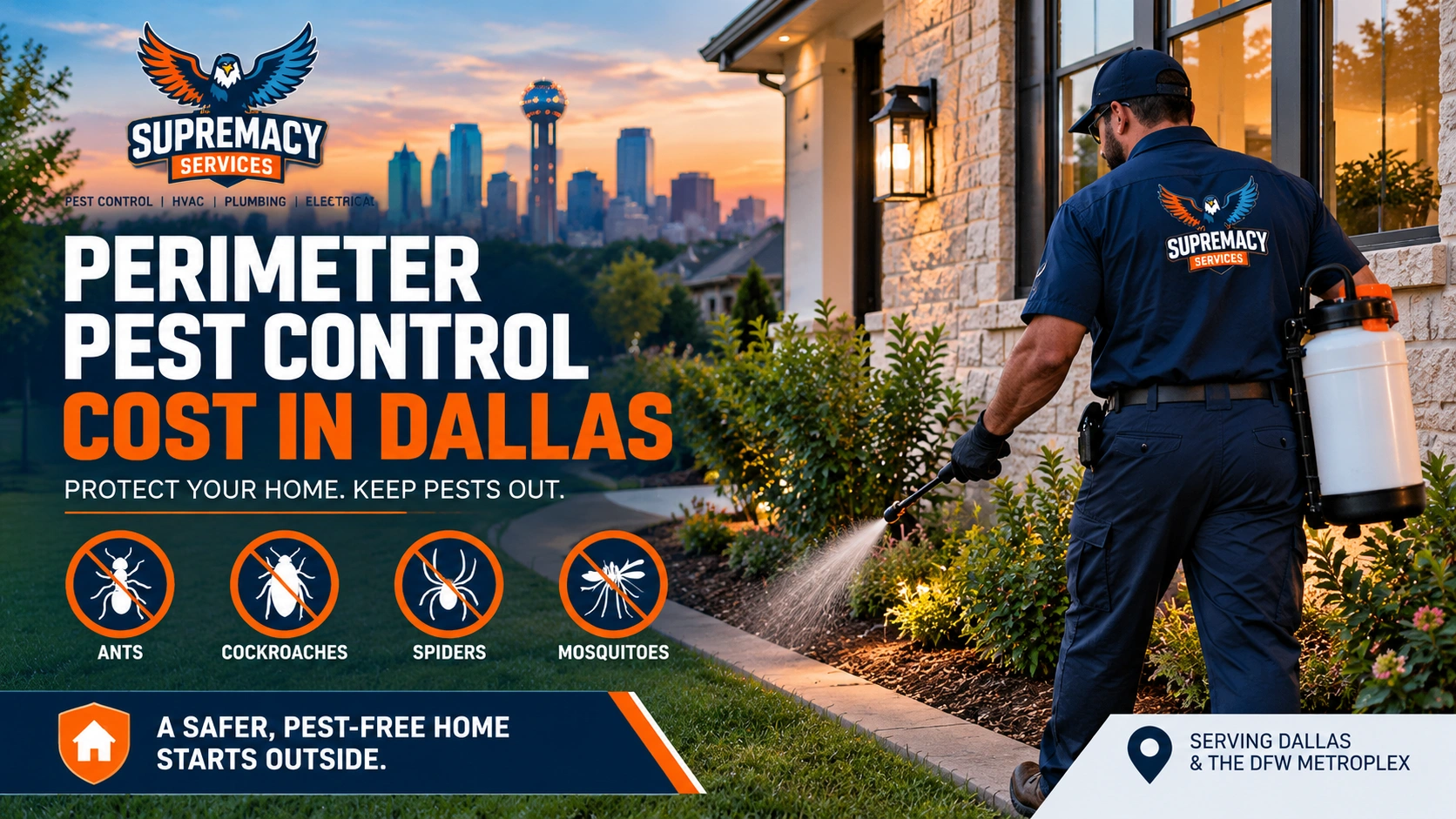Perimeter pest control cost in Dallas with Supremacy Services technician treating the exterior of a Dallas home