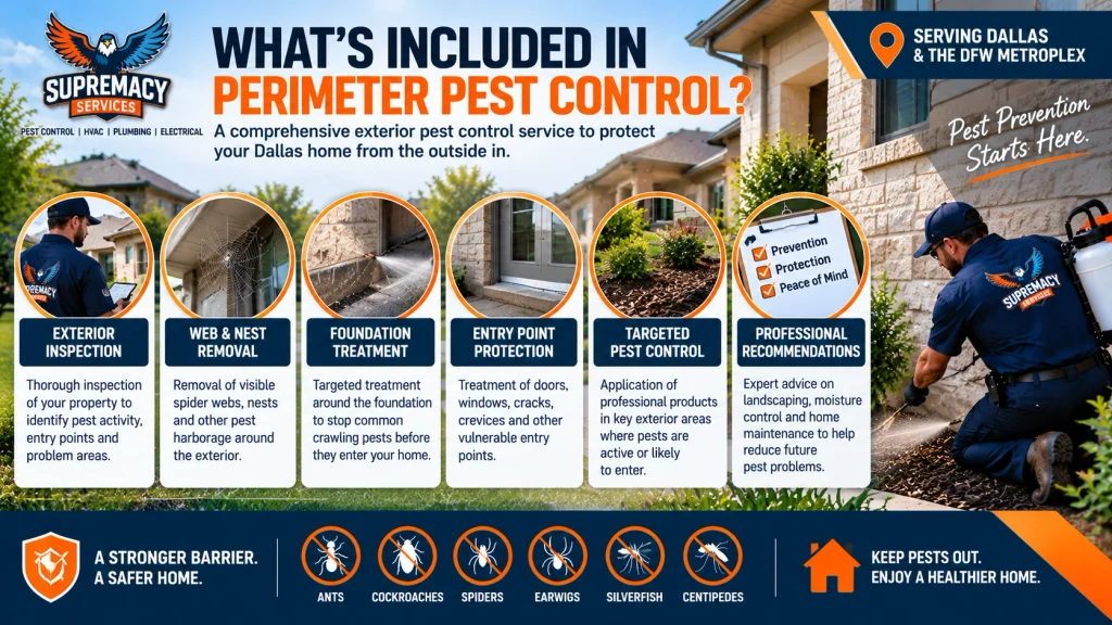Dallas perimeter pest control service including exterior inspection, foundation treatment, entry point protection and targeted pest control
