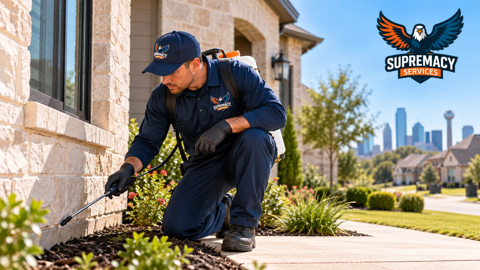 Supremacy Services technician performing exterior pest control at a North Texas home