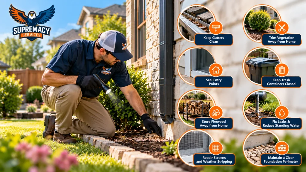 Pest control technician inspecting a home with tips for sealing entry points, reducing moisture and maintaining the exterior
