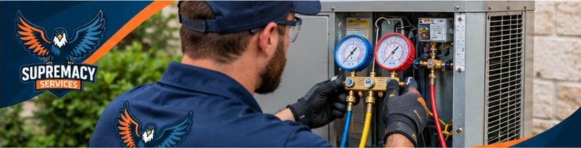 Dallas HVAC technician checking AC refrigerant pressures during professional cooling diagnosis