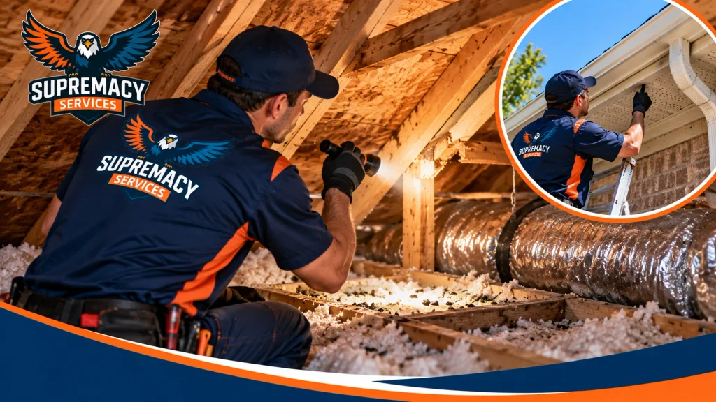 Supremacy Services technician inspecting an attic and exterior roofline for possible animal entry points