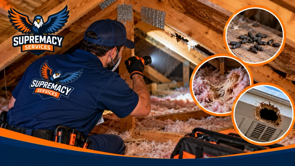 Supremacy Services technician inspecting a residential attic for wildlife droppings, damaged insulation and animal entry points.