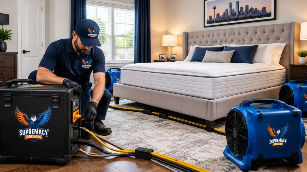 Supremacy Services technician setting up thermal treatment equipment around a mattress in a DFW bedroom