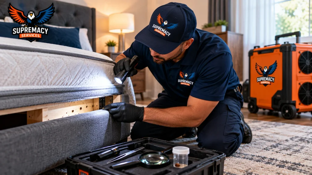 Supremacy Services pest control technician inspecting a bed frame and mattress for bed bug activity.
