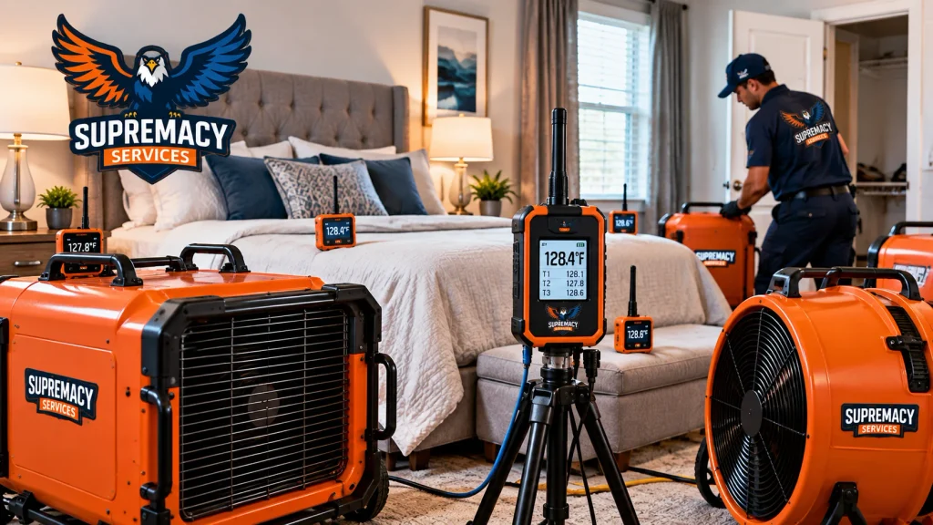 Professional thermal heaters, air movers and temperature sensors operating during bed bug treatment in a residential bedroom.