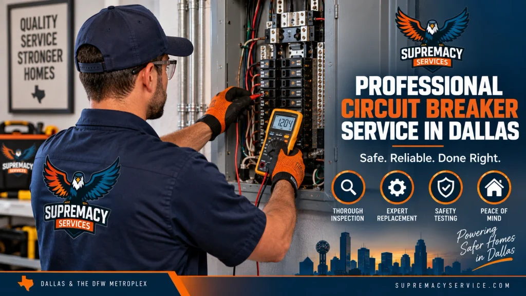 Electrician testing a residential electrical panel during circuit breaker service in Dallas